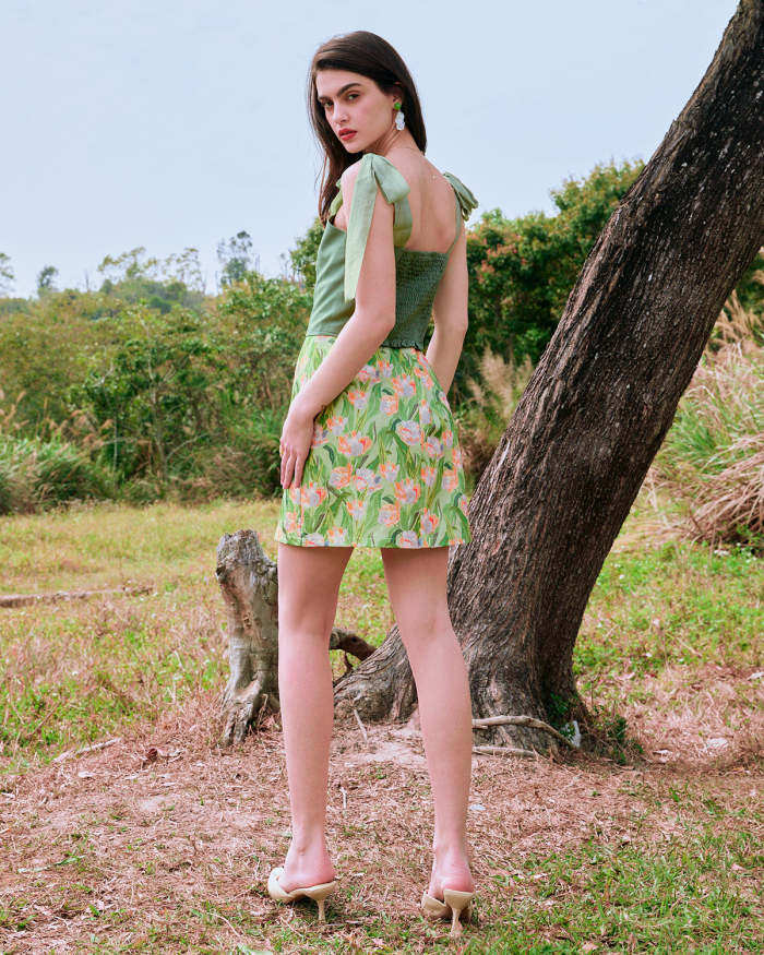 The Green High Waisted Floral Bodycon Mini Skirt