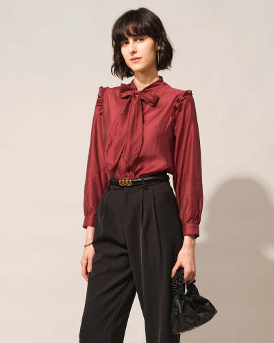 The Red Tie Neck Ruffle Long Sleeve Sheer Blouse