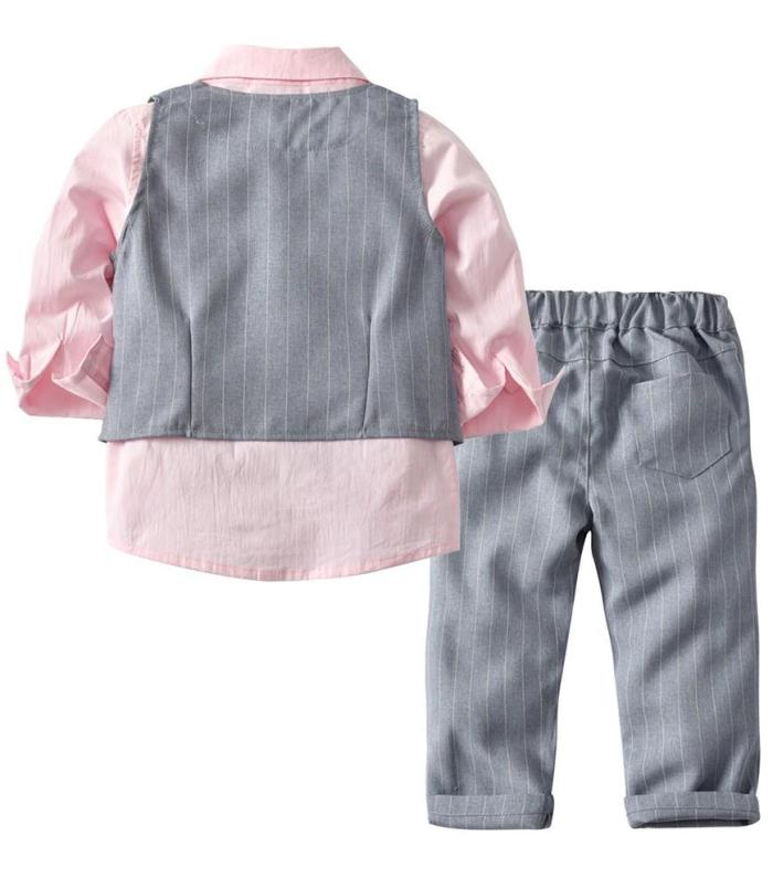 Pink Cotton Shirt Grey Stripe Waistcoat And Trousers Boys Blazer Suit