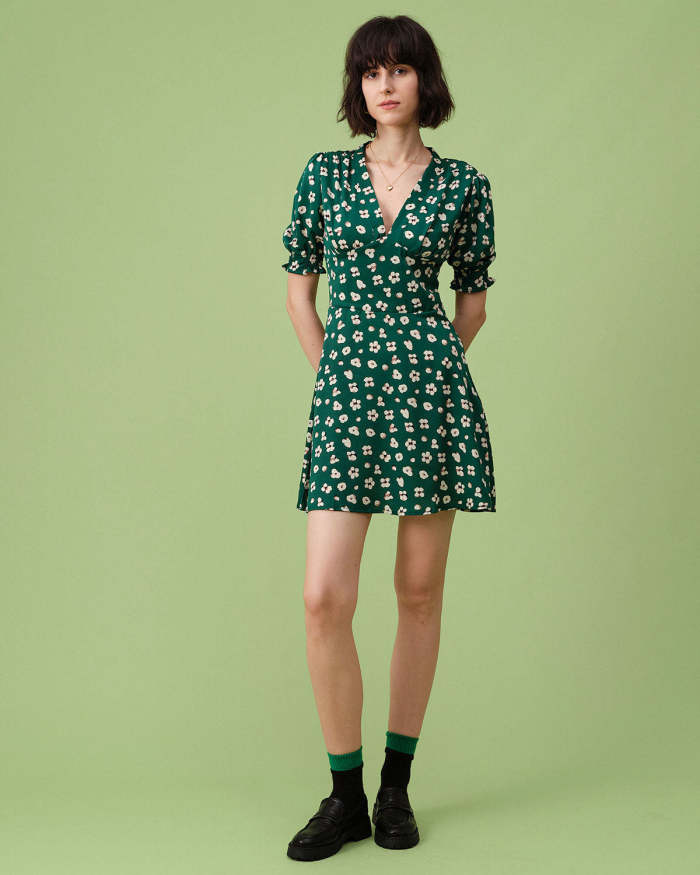 The Green V Neck Puff Sleeve Floral Mini Dress