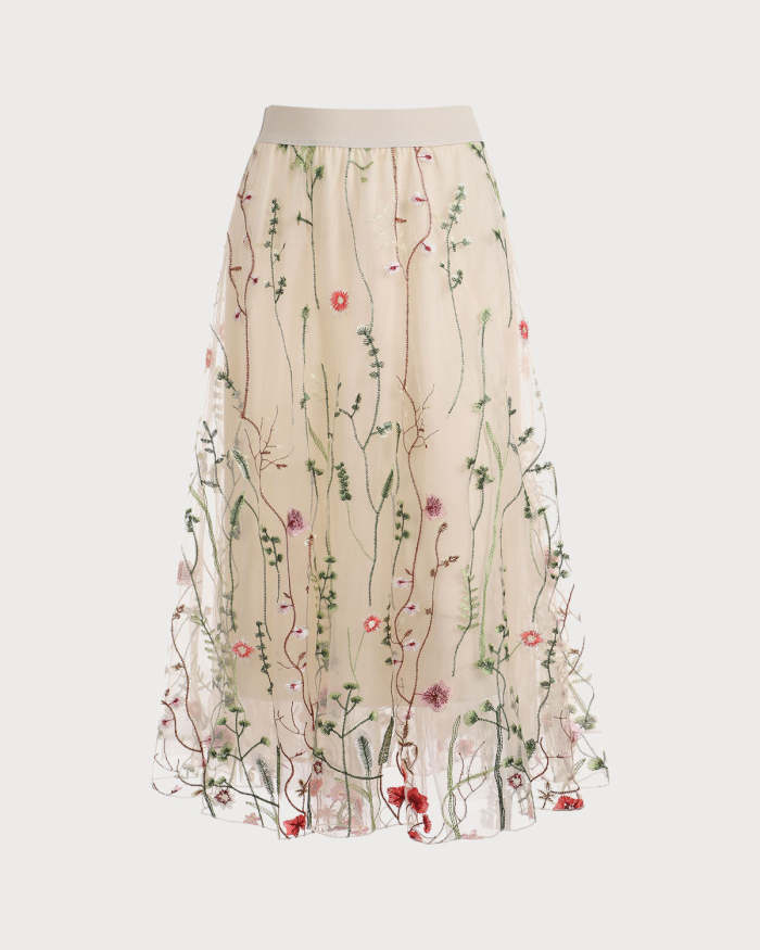 The High Waisted Floral Embroidery A-Line Midi Skirt