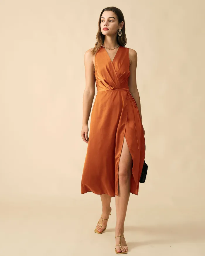 The Solid Sleeveless Wrap Midi Dress