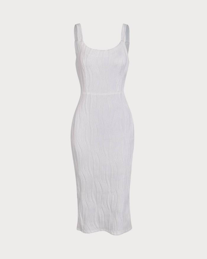 The Water Ripple Textured White Backless Midi Dress