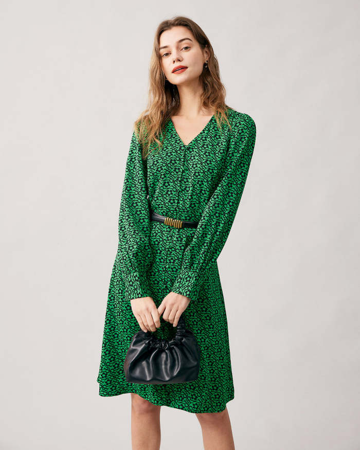 The Green V Neck Floral Long Sleeve Midi Dress