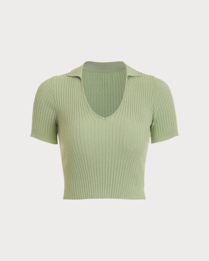 The V Neck Ribbed Lapel Knit Top