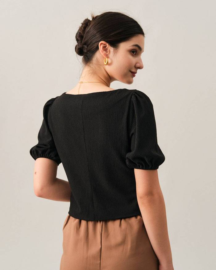 The Solid Square Neck Puff Sleeve Blouse