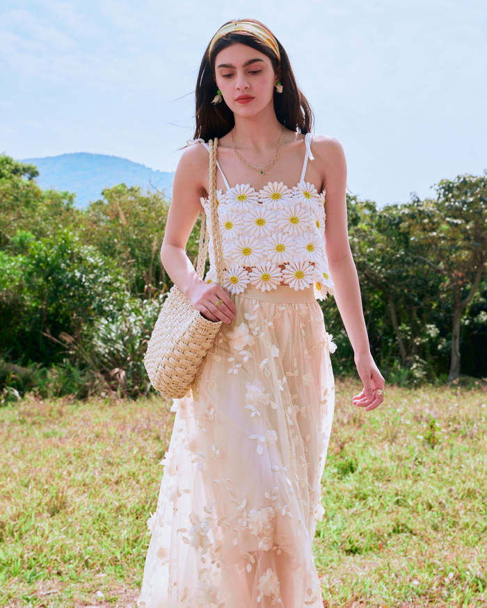 The Beige Elastic Waist Floral Midi Skirt