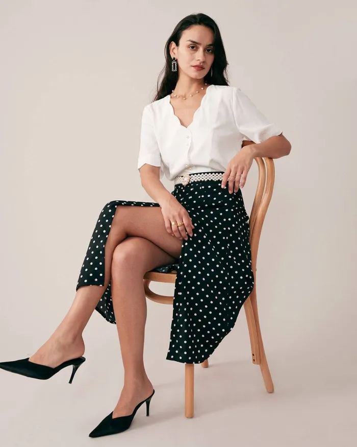 The Ruffle Neckline Pearl Button Shirt