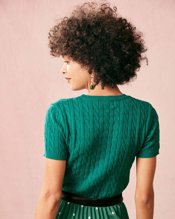 The Green Round Neck Short Sleeve Cable Sweater