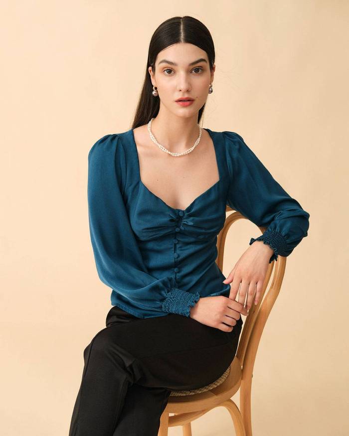 The Solid Color Shirred Button-Up Blouse