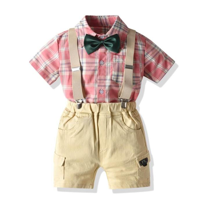 Checked Short Sleeve Shirt Bowtie Shorts Summer Baby Little Boys Suits