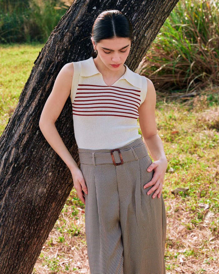 The Beige Collared Sleeveless Striped Knit Top