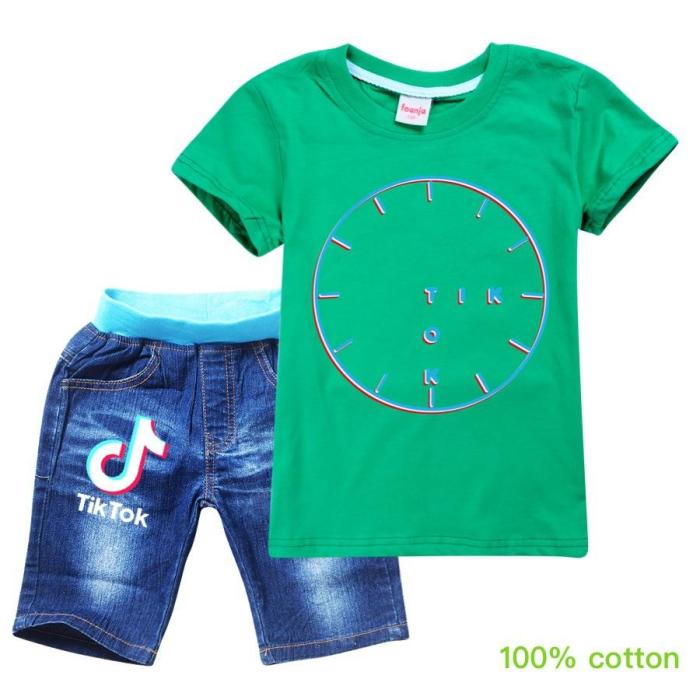 Tiktok Clock Print Girls Boys Cotton T Shirt And Jean Shorts Set