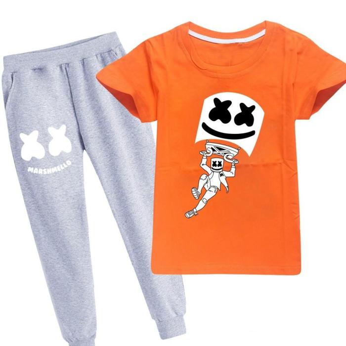 Boys Girls Fly Dj Marshmello Print Cotton T Shirt And Grey Sweatpants