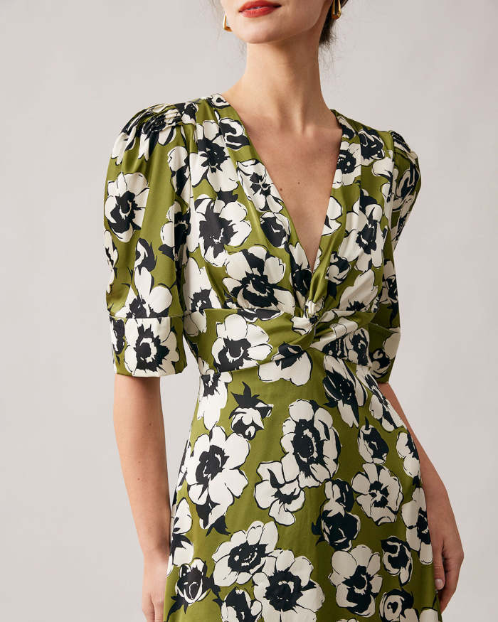 The Green V Neck Puff Sleeve Floral Midi Dress