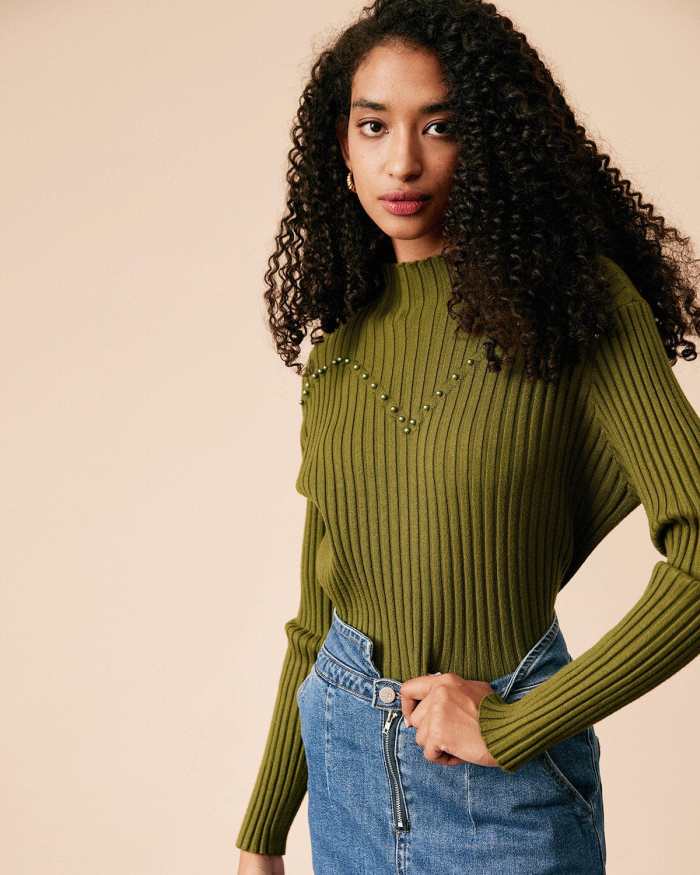 The Green Mock Neck Pearl Decor Ribbed Knit Top