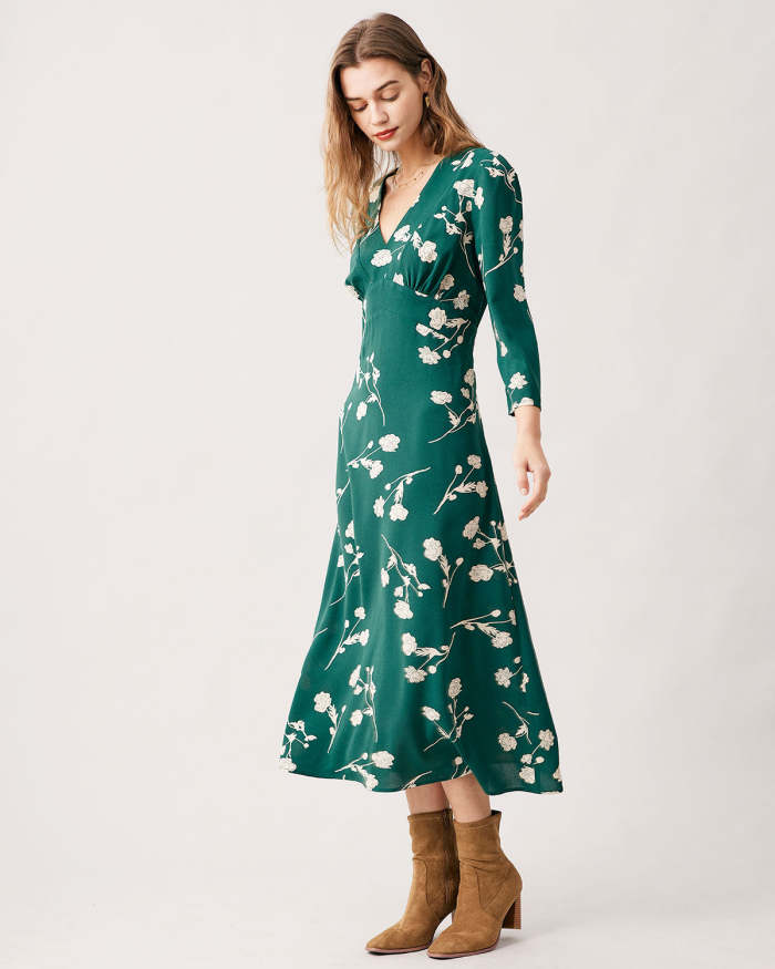 The Green V Neck Floral Long Sleeve Maxi Dress