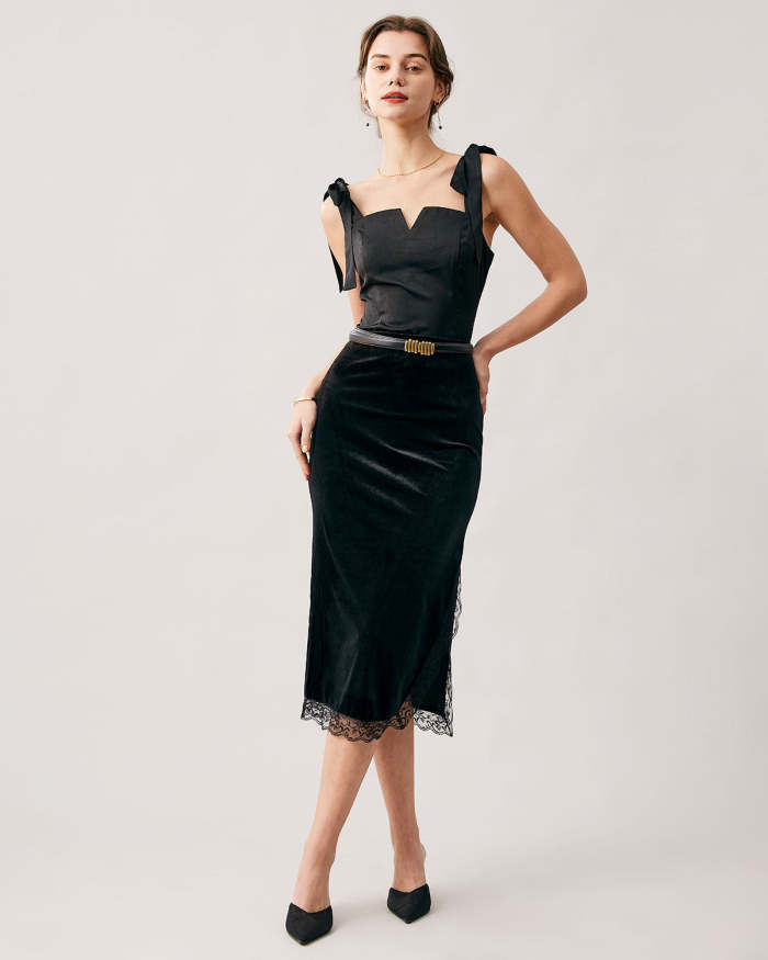 The Lace Trim Side Slit Velvet Midi Skirt
