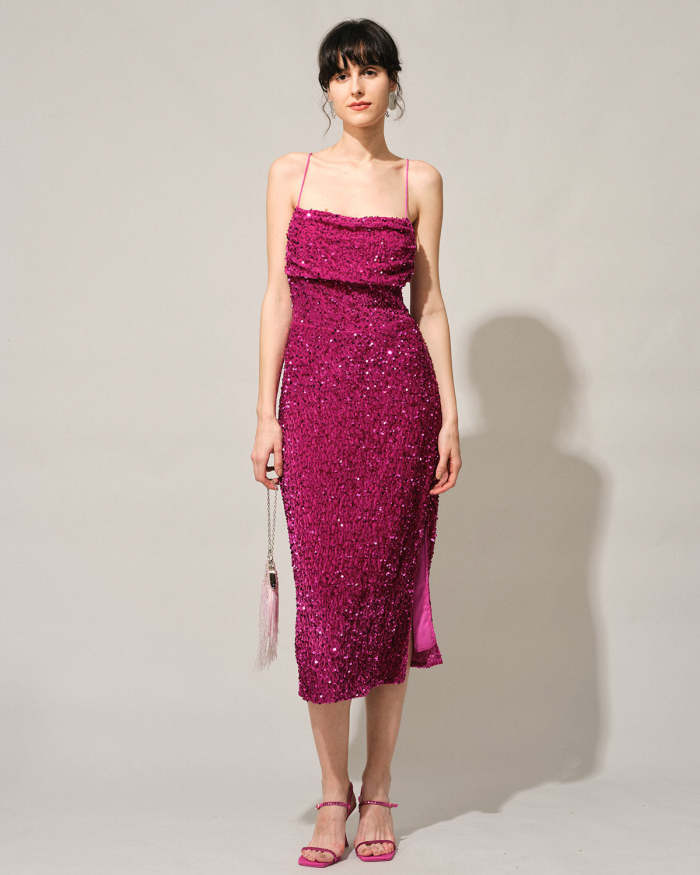 The Red Cowl Neck Sequin Maxi Dress