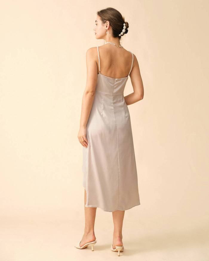 The Ivory Pearl Strap Side Slit Midi Dress
