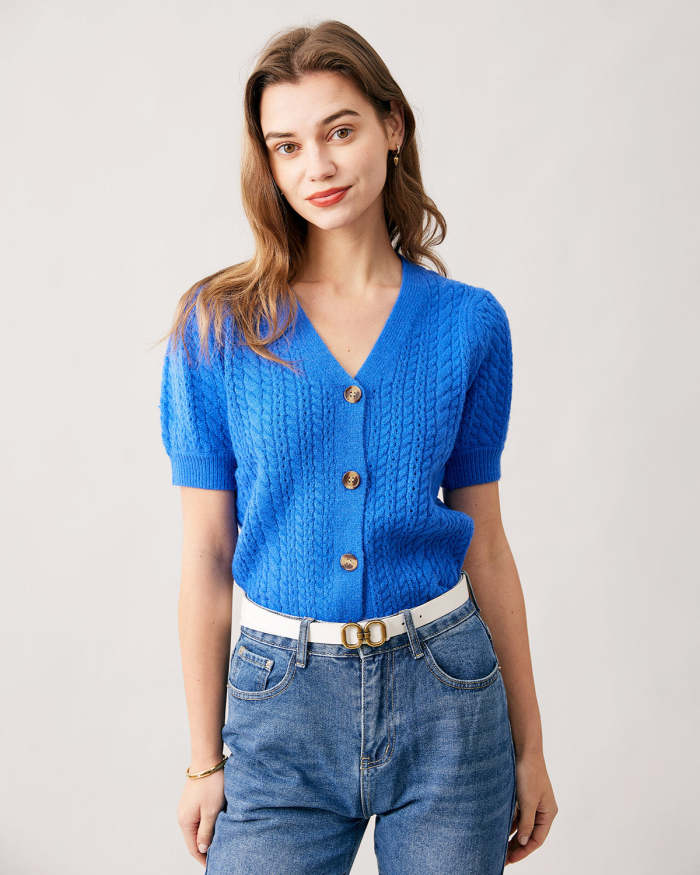 The Blue V Neck Cable Knit Short Sleeve Cardigan