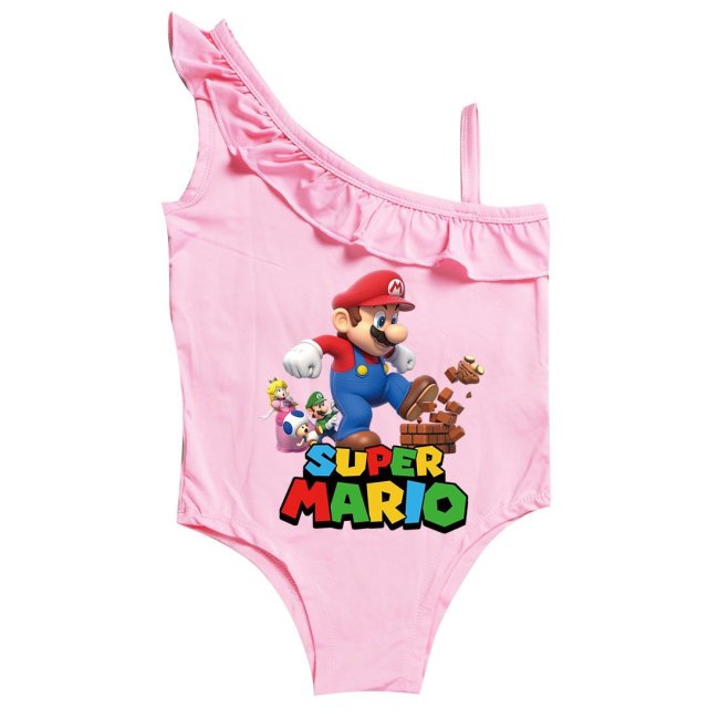 Super Mario Bro Print Little Girls Ruffle Shoulder One Piece Swimsuit