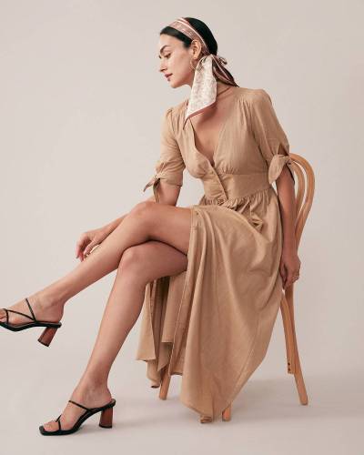 V Neck Button Midi Dress