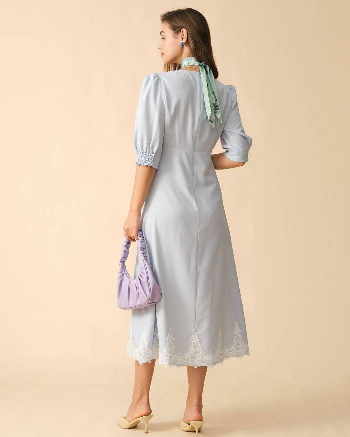 The Solid V Neck Puff Sleeve Maxi Dress