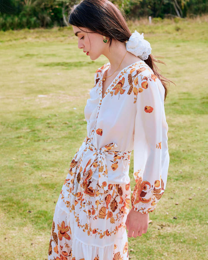 The V Neck Long Sleeve Floral Tiered Maxi Dress