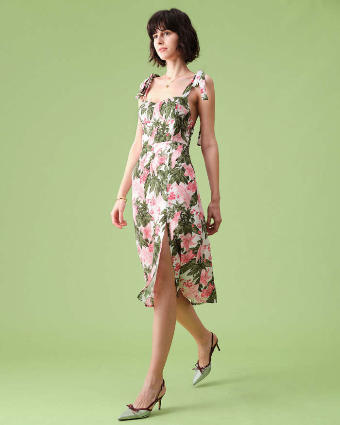 The Tie Shoulder Side Slit Floral Midi Dress