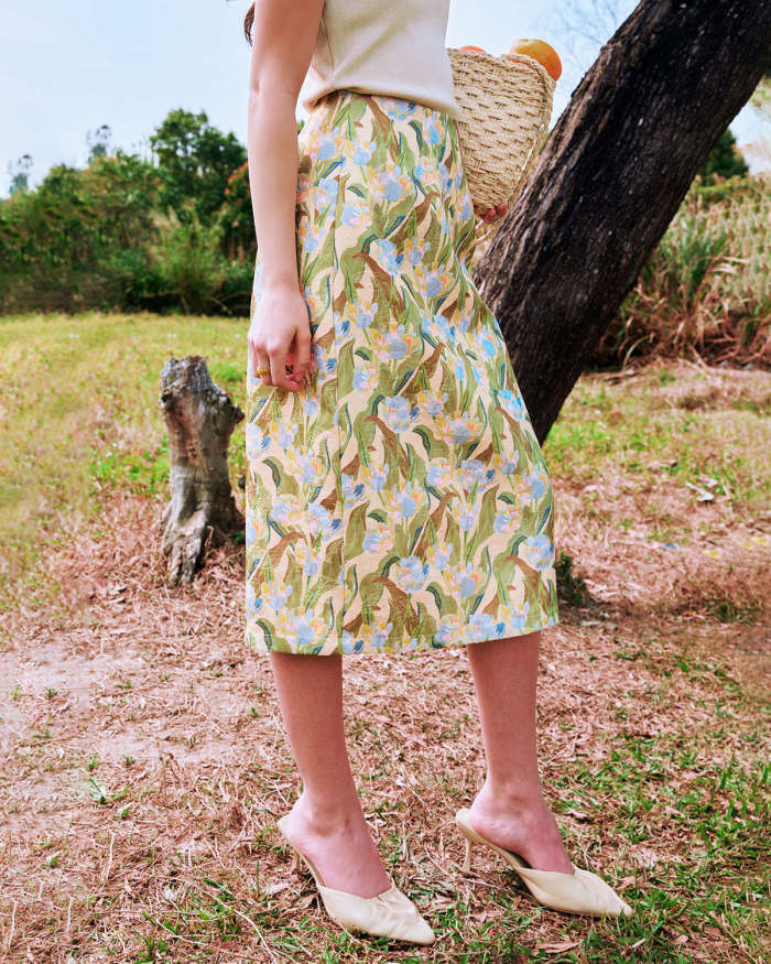 The High Waisted Floral Print Slit Midi Skirt
