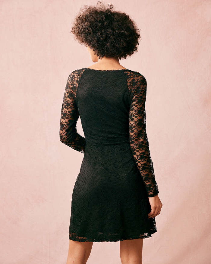 The Black Sweetheart Neck Lace Long Sleeve Mini Dress
