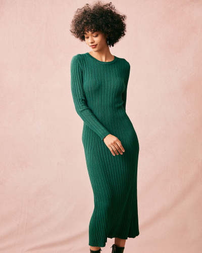 The Green Round Neck Long Sleeve Knit Midi Dress