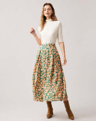 The High Waisted Floral Pleated Midi Skirt