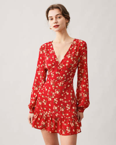 The Red V Neck Floral Long Sleeve Ruffle Mini Dress