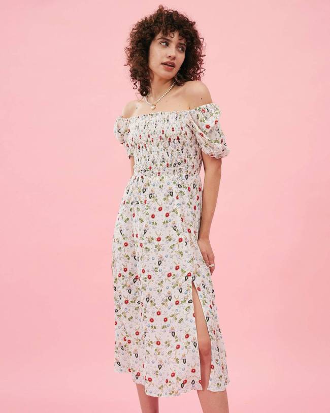 The Premium-Fabric Smocked Side Slit Floral Dress