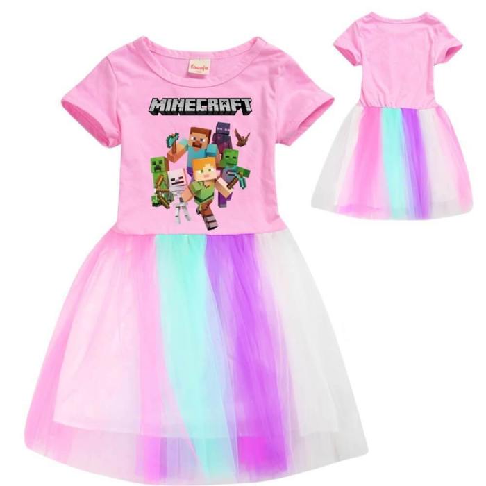 Minecraft Print Girls Short Sleeve Pink Cotton Top Rainbow Tulle Dress