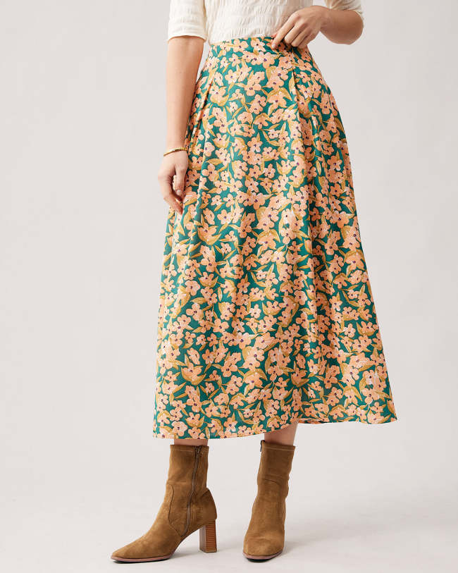 The High Waisted Floral Pleated Midi Skirt