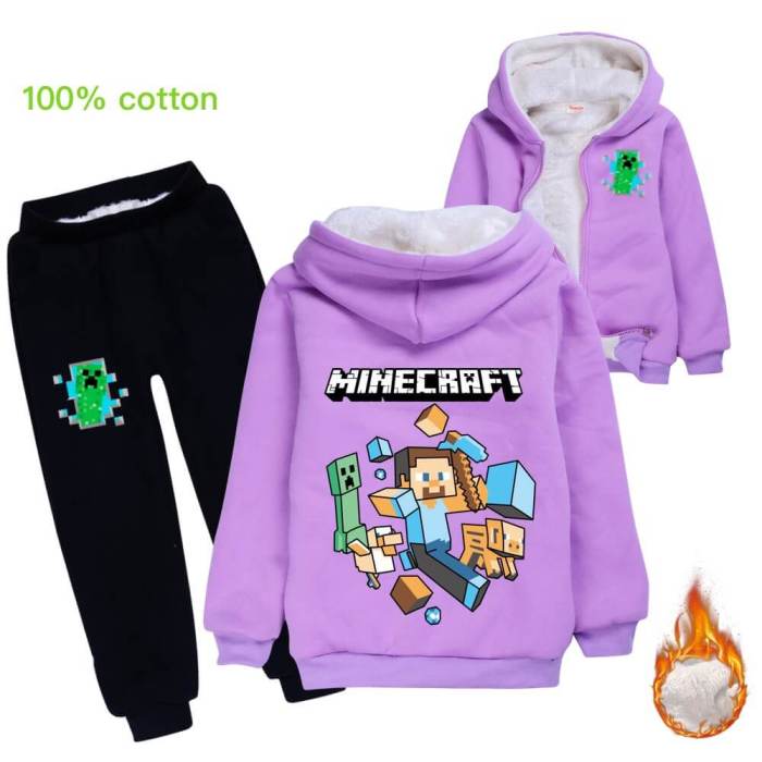Girls Boys Minecraft Print Fleece Lined Cotton Hoodie Sweatpants Suit