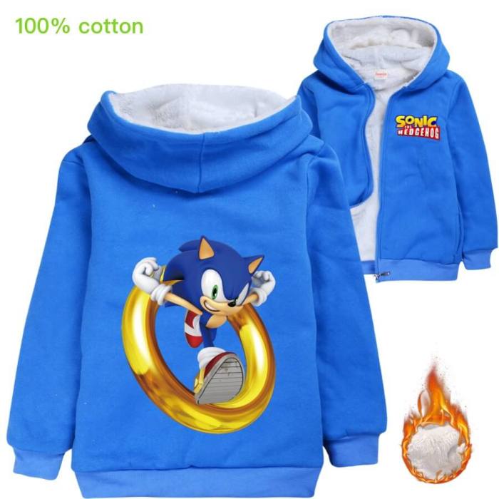 Sonic The Hedgehog Print Girls Boys Fleece Lined Cotton Hooded Jacket