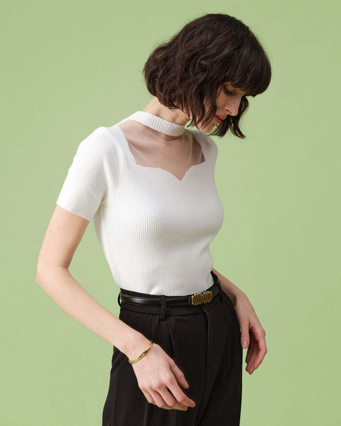 The White Mock Neck Cutout Short Sleeve Knit Top