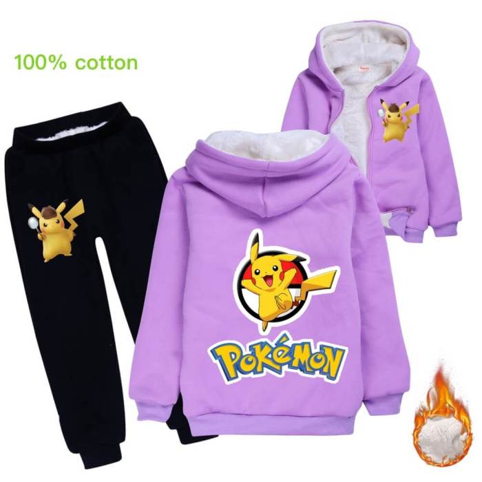 Girls Boys Pikachu Print Fleece Lined Cotton Hoodie N Sweatpants Suit