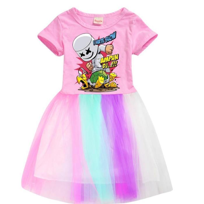 Ampun Dj Marshmello 3-9 Years Girls Pink Cotton Rainbow Tulle Dress