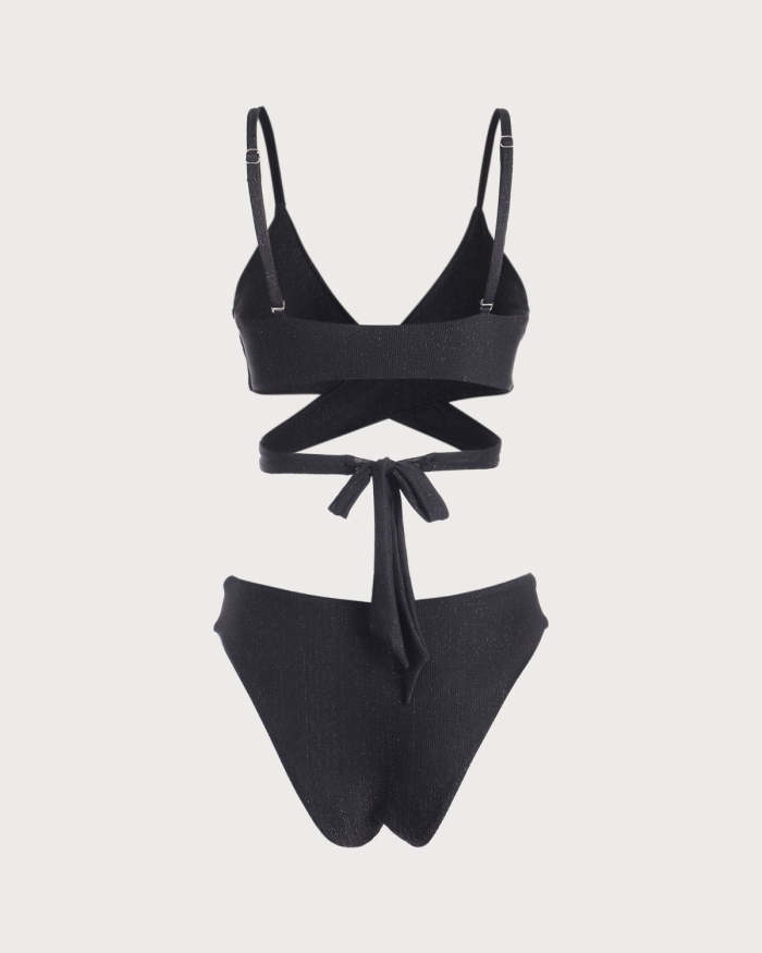 The Black V Neck Lurex Criss-Cross Bikini Set