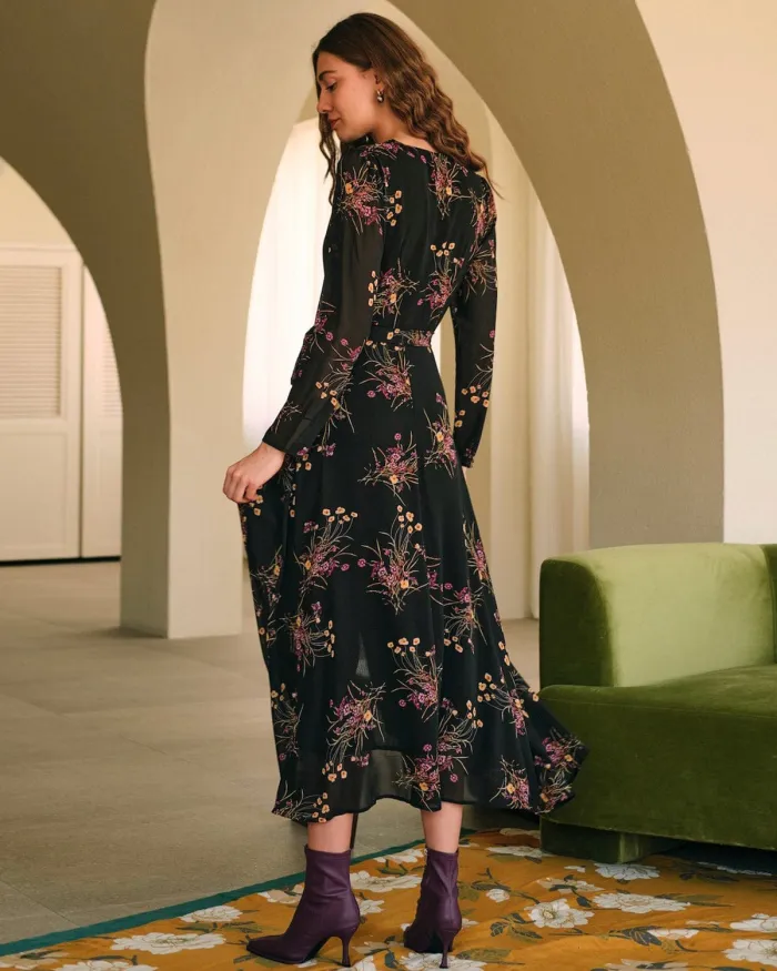 The Floral Long Sleeve Wrap Maxi Dress
