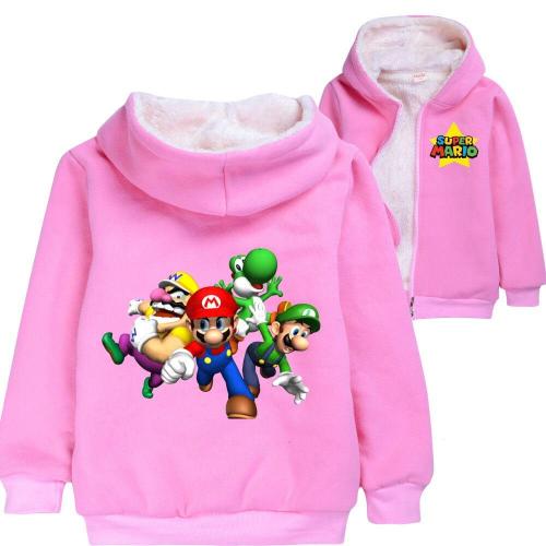 Super Mario Print Girls Kids Fleece Lined Pink Zip Up Cotton Hoodie