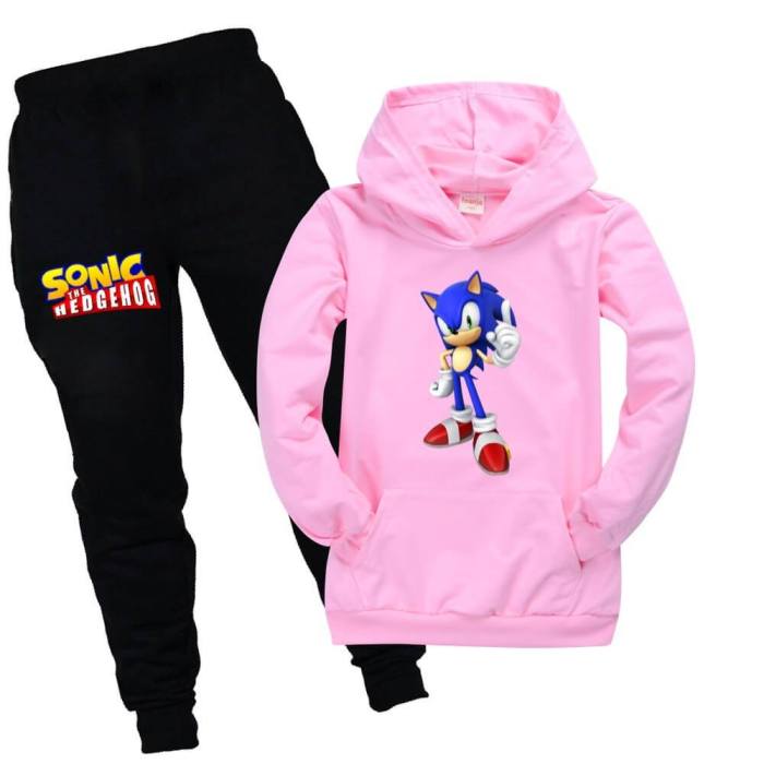 Boys Girls Sonic The Hedgehog Print Pocket Hoodie Sweatpants Tracksuit