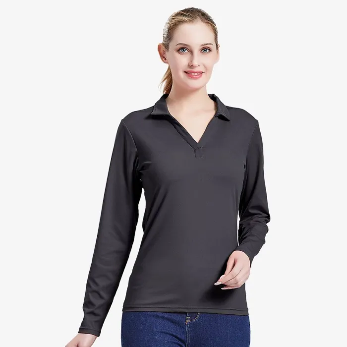 Women Polo Shirt Long Sleeve Golf Top Collared V Neck T-Shirt