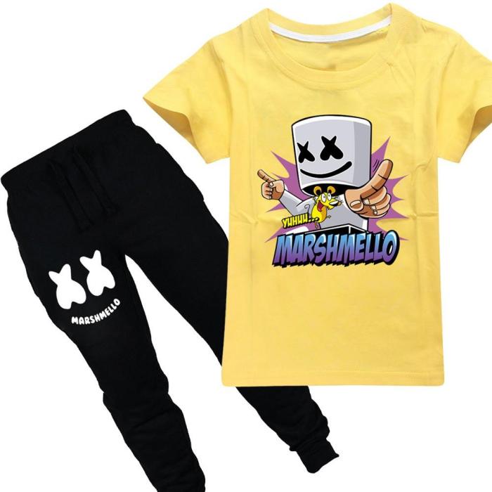 Dj Marshmello Print Girls Boys Pure Cotton T Shirt N Black Pants Suit