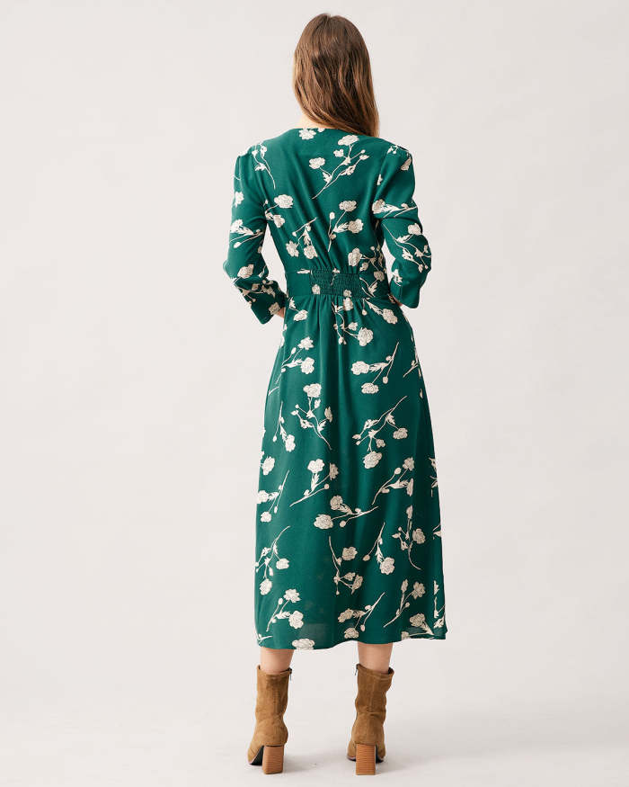 The Green V Neck Floral Long Sleeve Maxi Dress